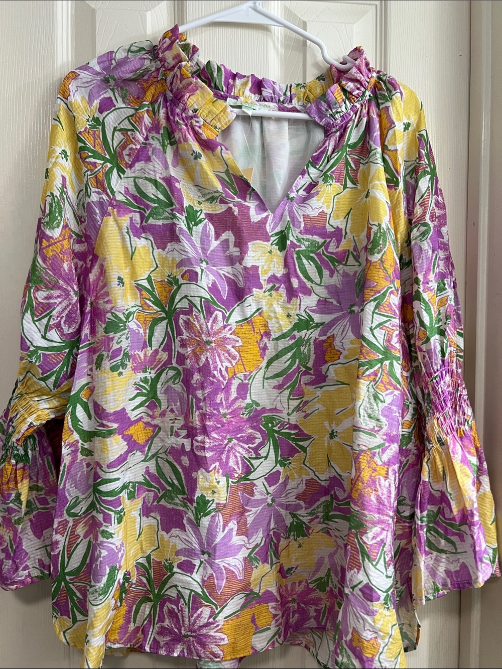 Jade Melody Tam Floral Ruffle V-Neck Blouse in Purple, Yellow & Green